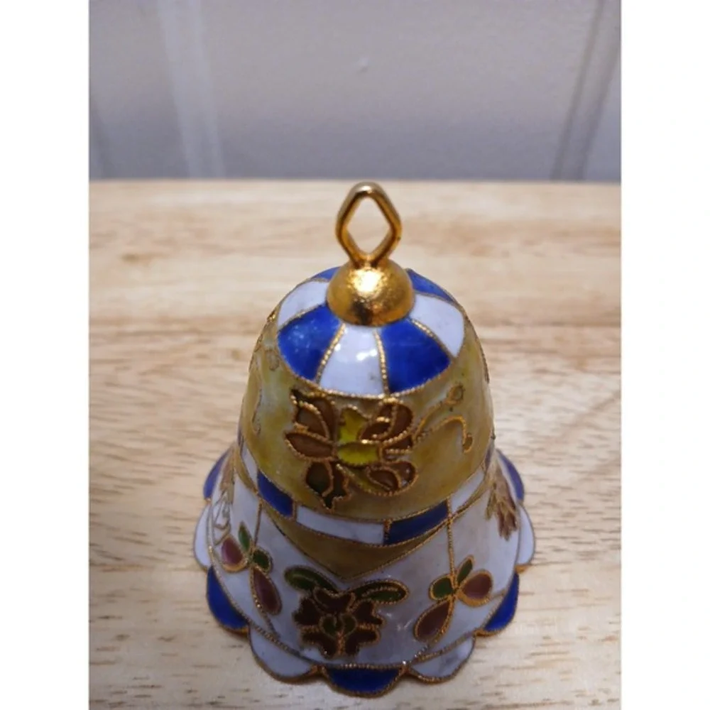 Vintage Cloisonné Bell Christmas Ornament Flowers Yellow Blue White Pink Enamel - Picture 4 of 7
